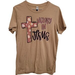 LITF Apparel Tan Graphic T Shirt Cross Victory In Jesus Size M